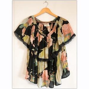 Romantic Spring feminine pleated floral peasant top modest